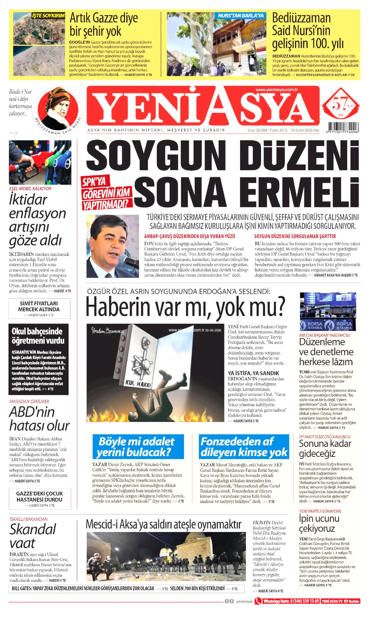Yeni Asya Gazetesi gazetesi manşeti