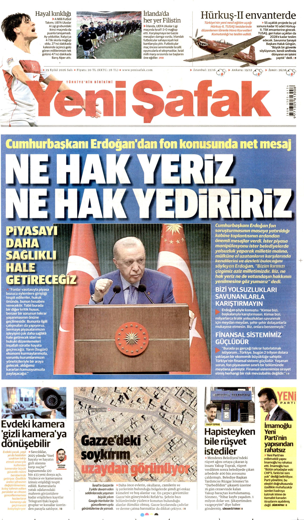 Yeni Şafak Gazetesi gazetesi manşeti