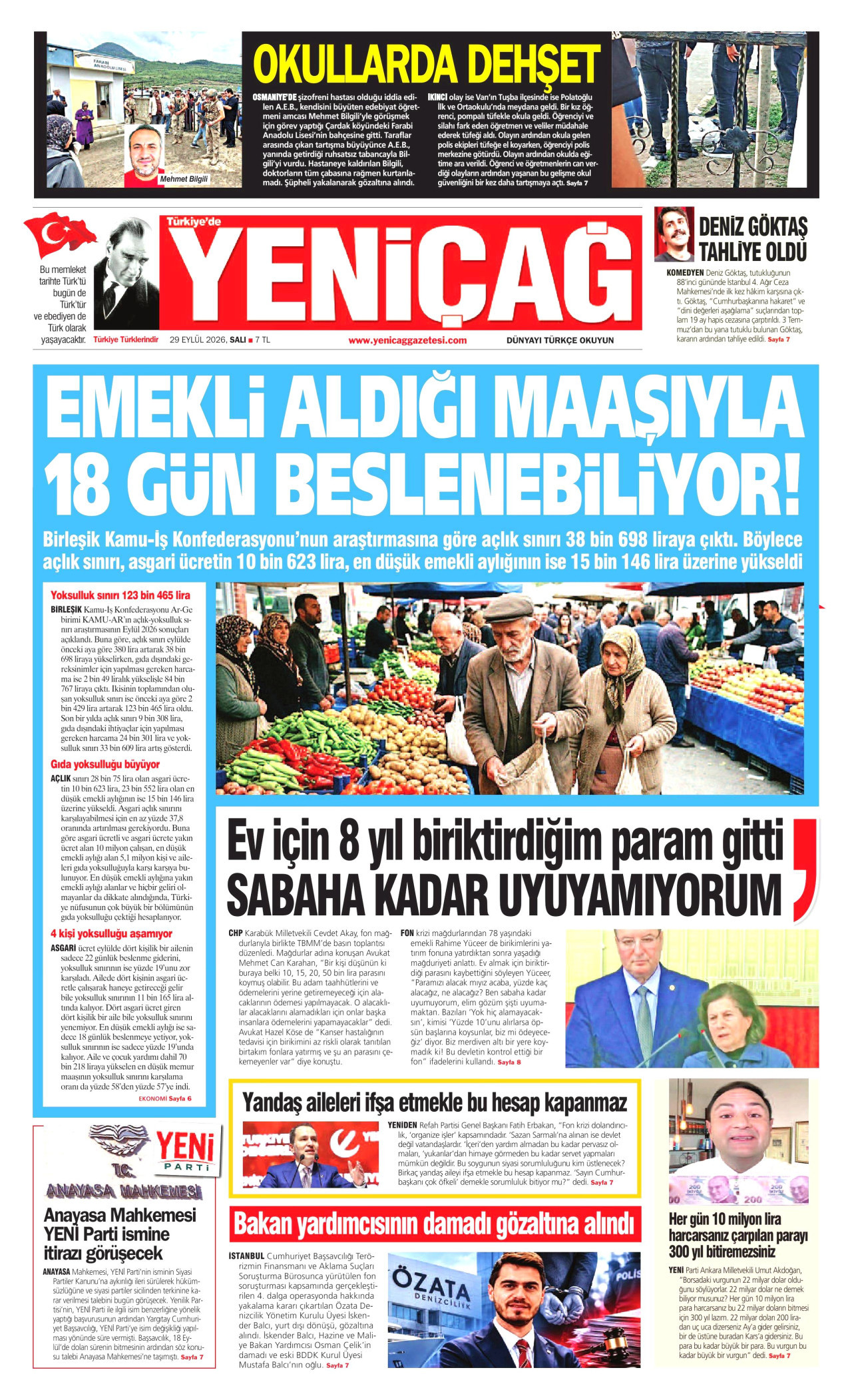 Yeniçağ Gazetesi gazetesi manşeti